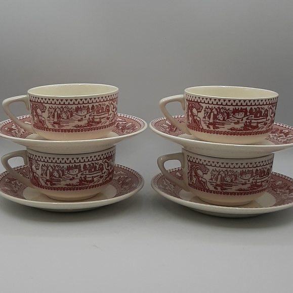 Set of 4 Vintage Royal USA Ironstone Memory Lane Tea Cup and Saucers Pink Red - Picture 2 of 5